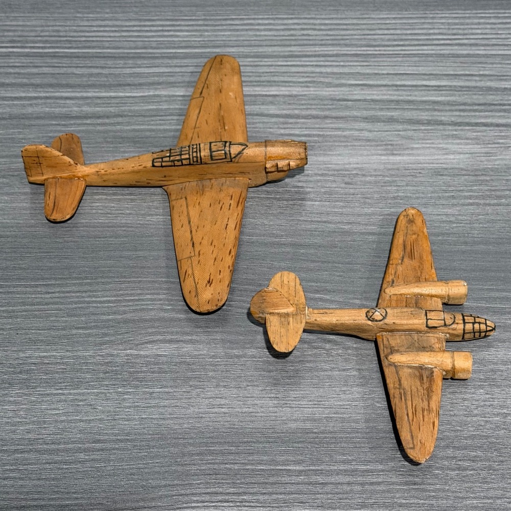 Vintage Hand Carved Wooden WWII Military Airplane Models Folk Art Pair Set